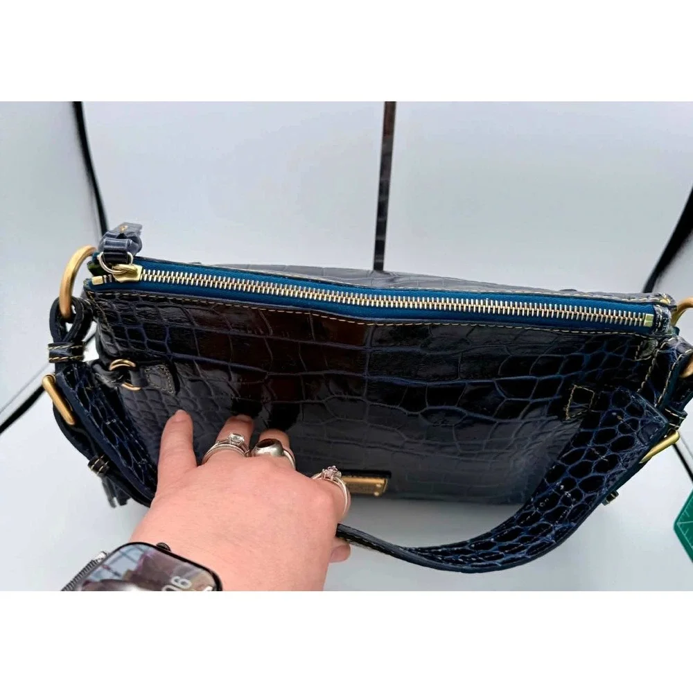 Dooney & Bourke Navy Blue Croco Fino Leather Medium Zip Hobo Bag - Picture 5 of 9